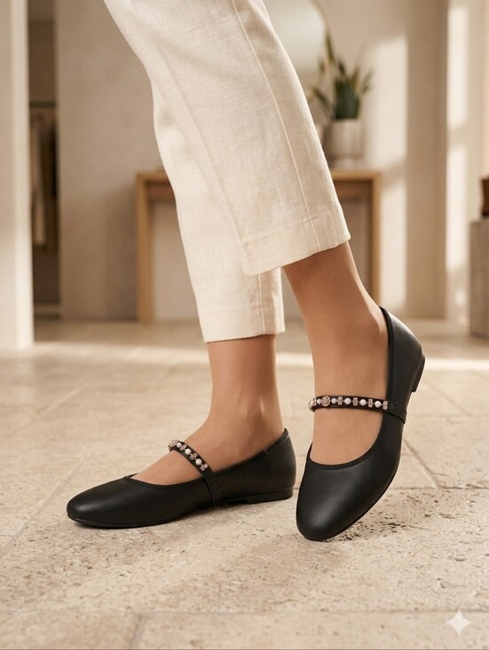 Jellypop Shoes - Jellypop Elegant Black Flats  w/Pearl & Gem Strap Woman's Size 6M New